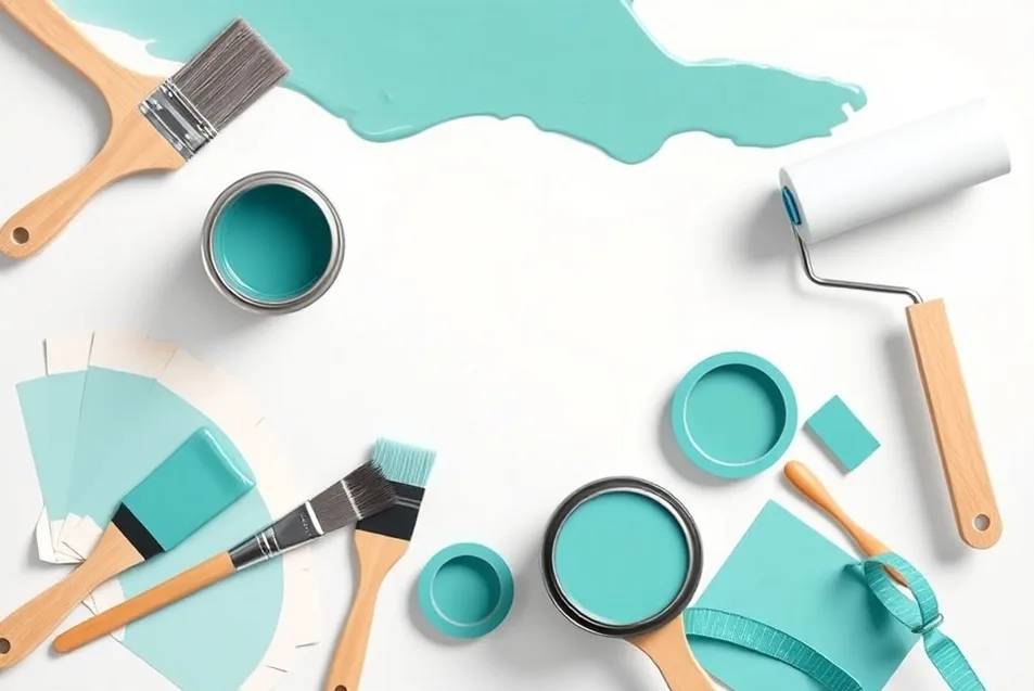 Pots de peinture, nuancier, brosses et rouleaux disposés à plat