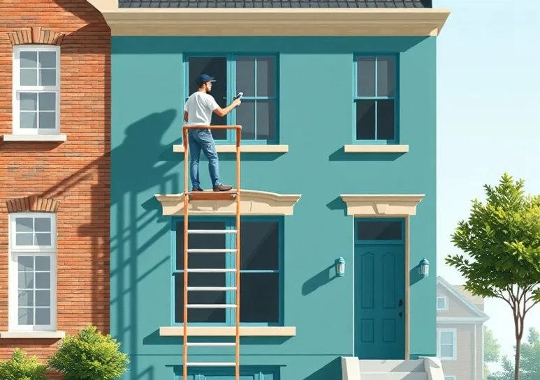 Peintre sur échafaudage traitant la façade d'une maison