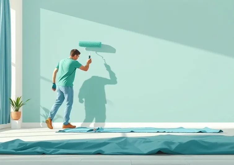 Peintre appliquant la peinture au rouleau sur un mur de salon